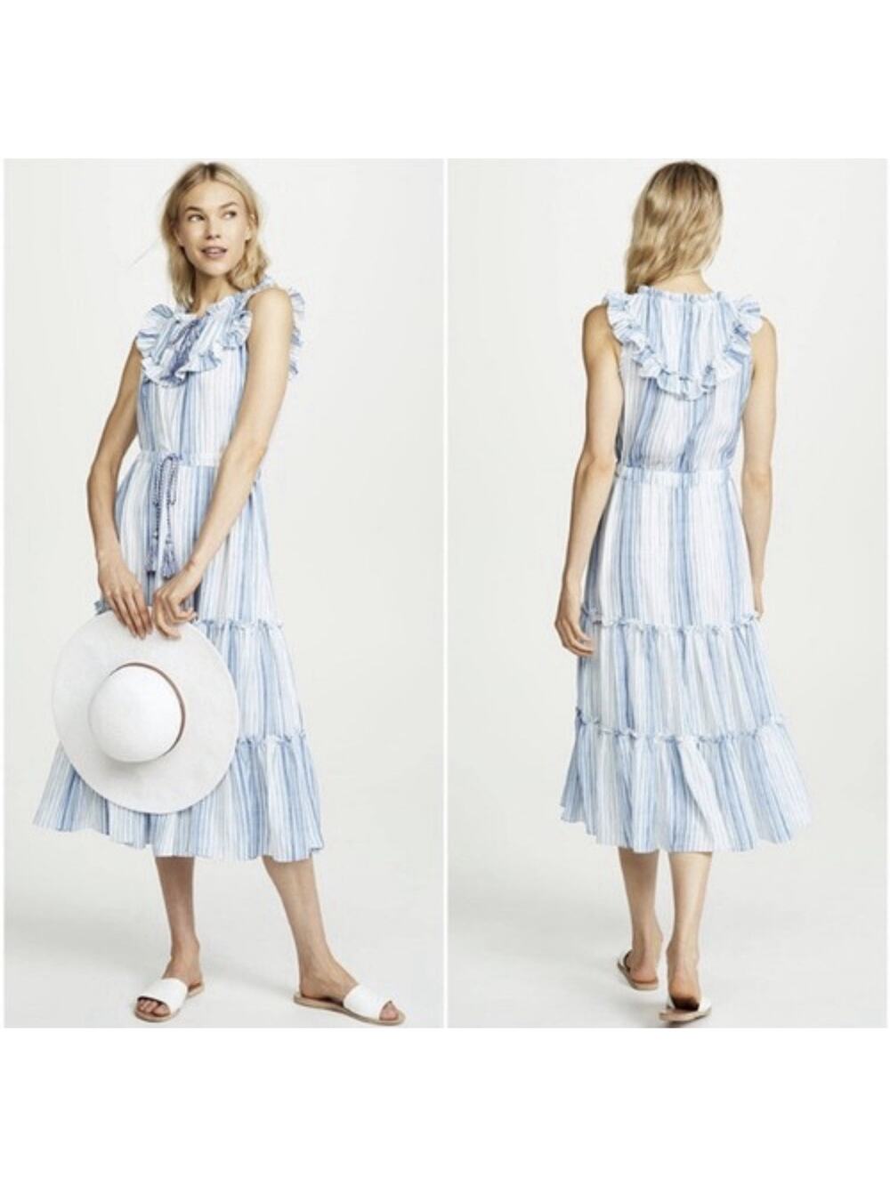 MISA Los Angeles Medium Aleja Stripe Print Linen Midi Dress White Blue Tassel - Picture 1 of 9